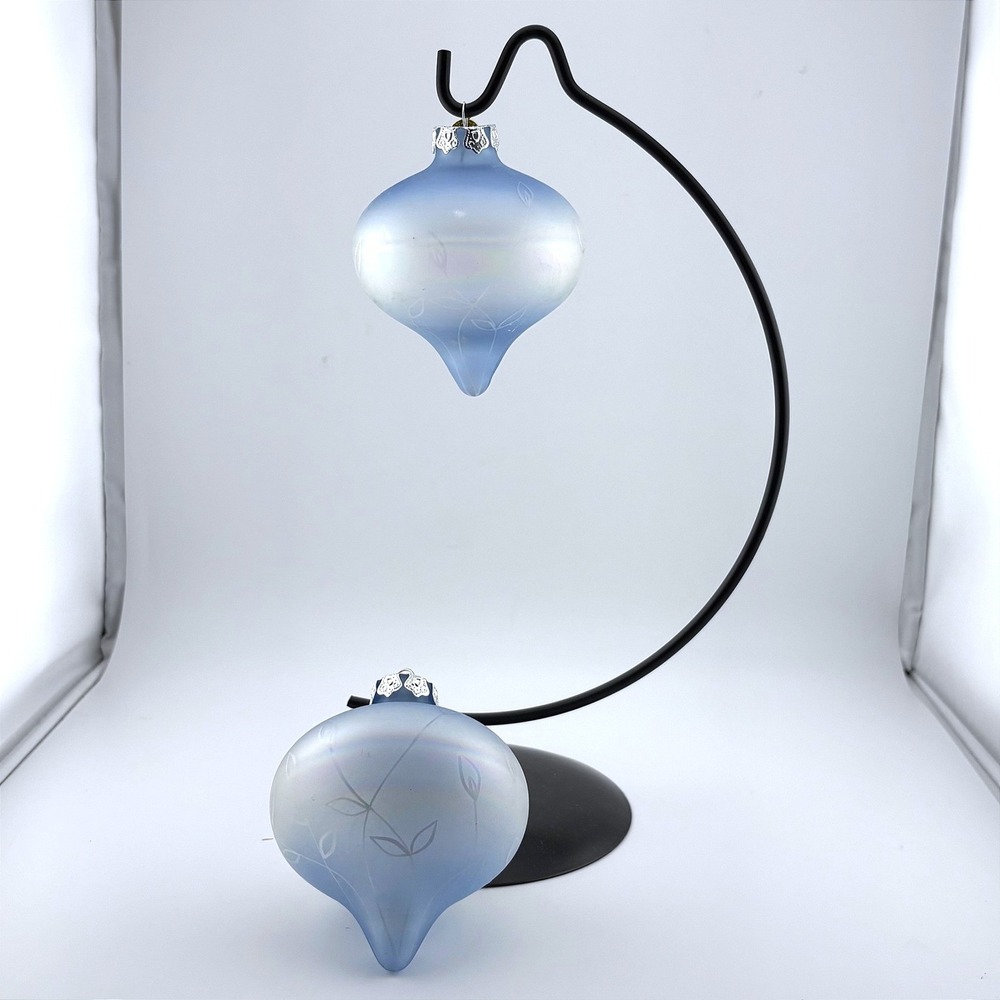 SF Signature Fine Blue Ombre Iridescent Etched Glass Teardrop Ornaments